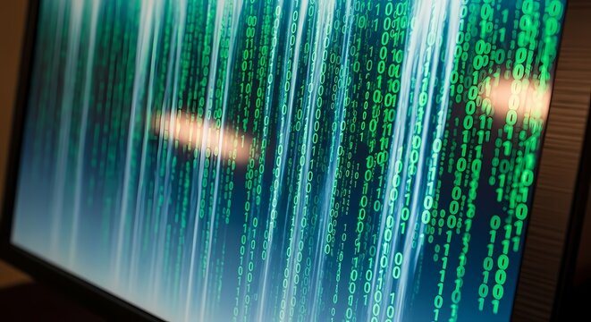 Binary code cascading vertically on computer monitor screen with sharp focus and bokeh for cybersecurity marketing