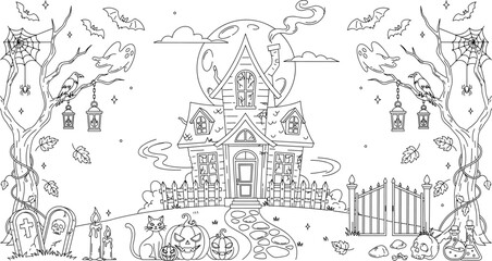 Naklejka premium Halloween Haunted House Line Art Vector with Graveyard, Black Cat, Pumpkin, Raven, and Bare Trees for Spooky October Designs