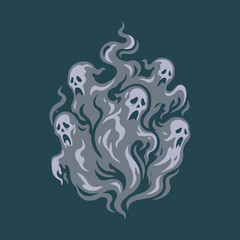 Spooky cartoon ghosts rise like smoke on a dark background