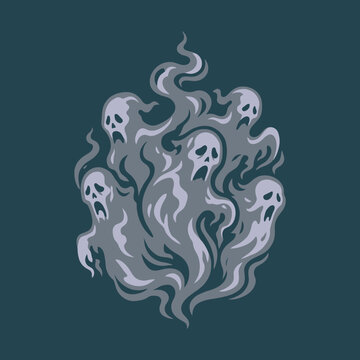Spooky cartoon ghosts rise like smoke on a dark background