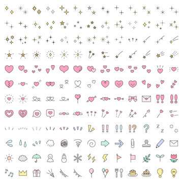 シンプルなアイコンのベクターイラストセット。飾り、ハート、シンプル、星、輝き、集中線