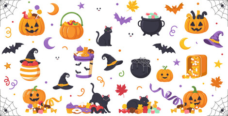 Obraz premium Halloween Pumpkin and Candy Illustration Set with Black Cat, Witch Hat, Bat, Cauldron, and Trick or Treat Elements