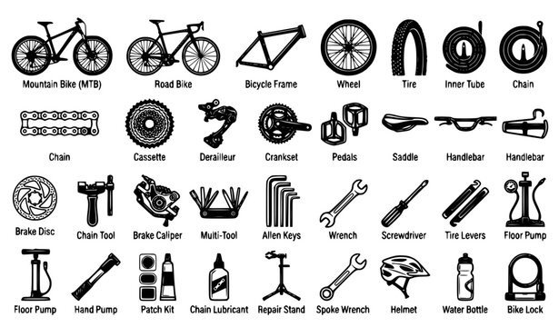 Black and White Bicycle Repair Tools and Mountain Bike Maintenance Icons Vector Set