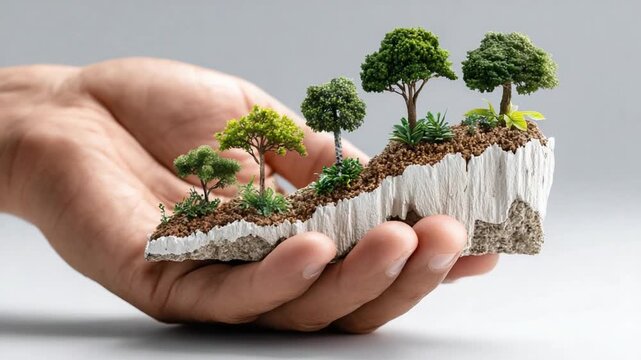 Nurturing Nature: A close-up shot shows a human hand gently cradling a miniature landscape, complete with trees, soil, and rocky terrain, symbolizing environmental care and preservation.