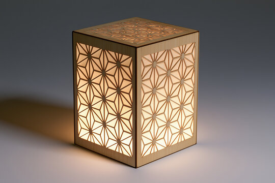 Traditional Japanese kumiko style wood lantern with Asanoha hemp leaf pattern and warm glowing light, minimalist modern cube table lamp interior decoration layout for spa, Generative AI