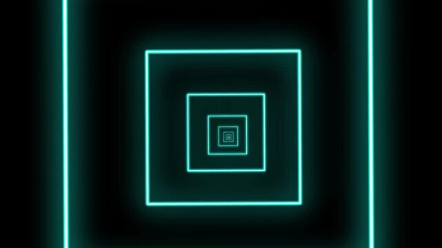Glowing cyan light squares nested patterns tunnel infinity abstract geometric visual effect  perfect for technology, futuristic, and digital design projects.