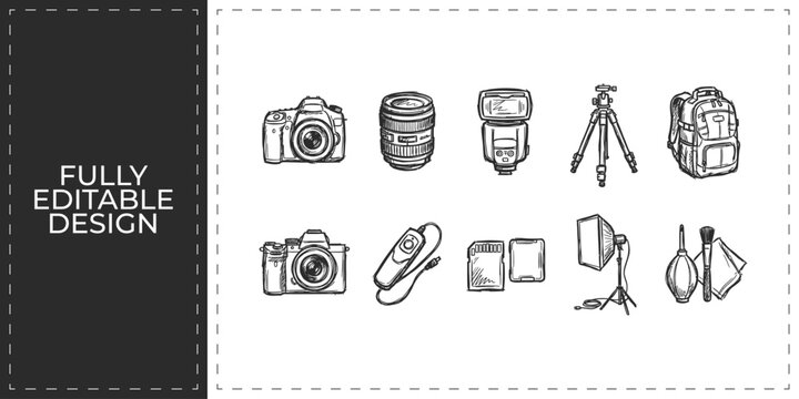 Professional photography and camera equipment hand drawn vector icons set featuring DSLR lens tripod and accessories for multimedia studio design