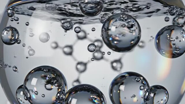 Abstract cosmetic background with glass spheres and bubbles inside a larger orb. Hyaluronic acid, serum, or the molecular structure of a hydrating essence 3d rendering science concept