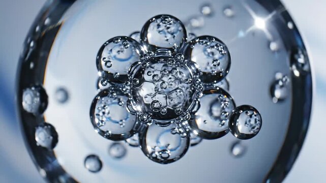 Abstract cosmetic background with glass spheres and bubbles inside a larger orb. Hyaluronic acid, serum, or the molecular structure of a hydrating essence motion science concept