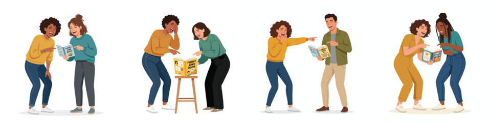 Fototapeta premium A full body minimalist illustration of two friends burst into laughter, pointing at a funny joke book, semi-realistic modern flat design, no outline, clean white background. 