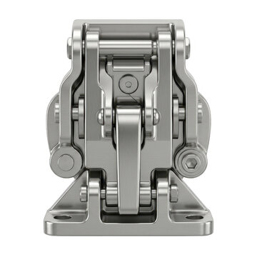 Industrial mechanical valve with metallic housing and exposed components on white background.