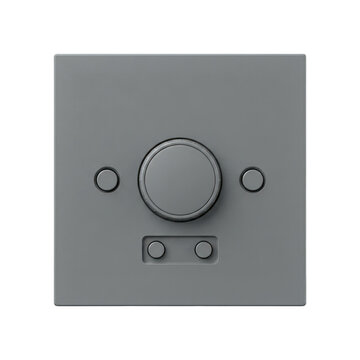 Minimalist light switch with circular central button on neutral gray background.