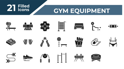 filled gym equipment icons set - bench press, buck, swedish wall, vaulting horse. editable vector for web and mobile ui © IconArt