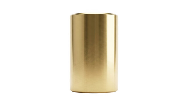 Gold-toned cylindrical metal container with a smooth matte finish for product storage.