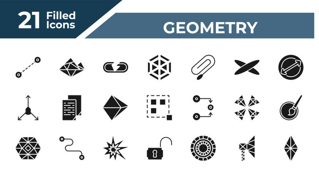 filled geometry icons set - lengthen, polygonal mountains, polygonal hexagonal, polygonal megaphone. editable vector for web and mobile ui