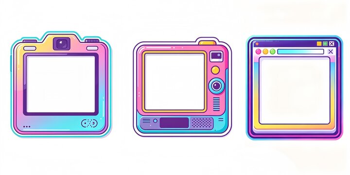 Colorful Retro Camera, Television and Browser Photo Frame Vector Set