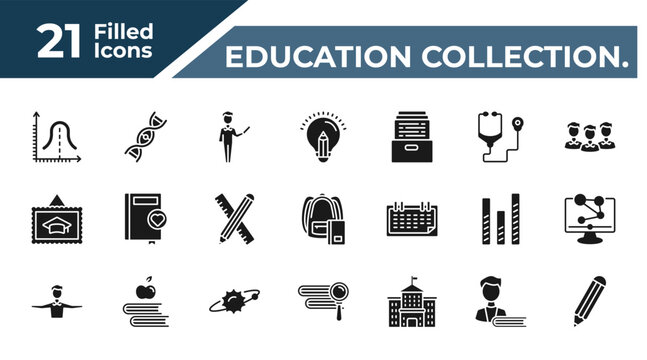 filled education collection. icons set - gaussian function, dna strand, having an idea, student and books. editable vector for web and mobile ui