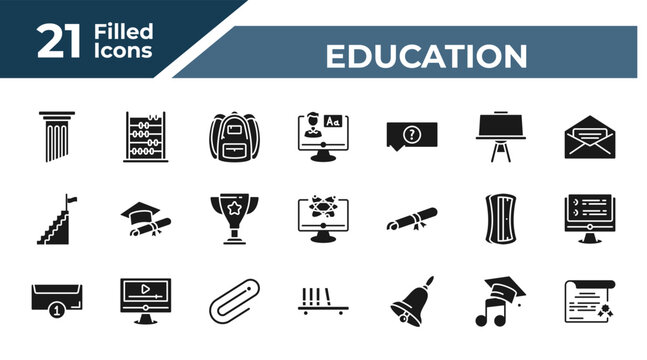 filled education icons set - greek pillar, abacus, online class, graduation's music. editable vector for web and mobile ui