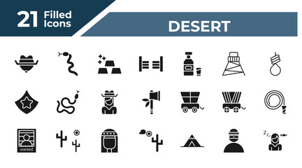 filled desert icons set - cowboy hat, crotalus, saloon, bandit. editable vector for web and mobile ui © IconArt