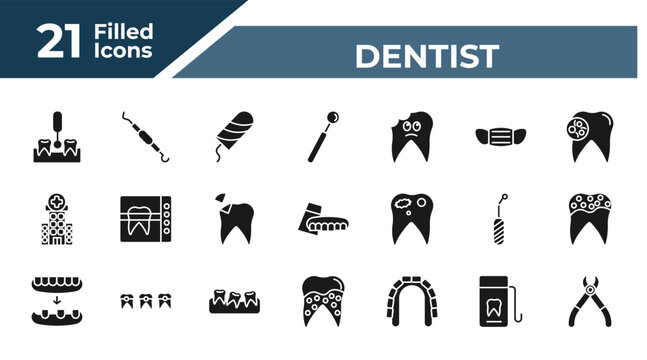 filled dentist icons set - interproximal, periodontal scaler, dentist mirror, dental floss. editable vector for web and mobile ui
