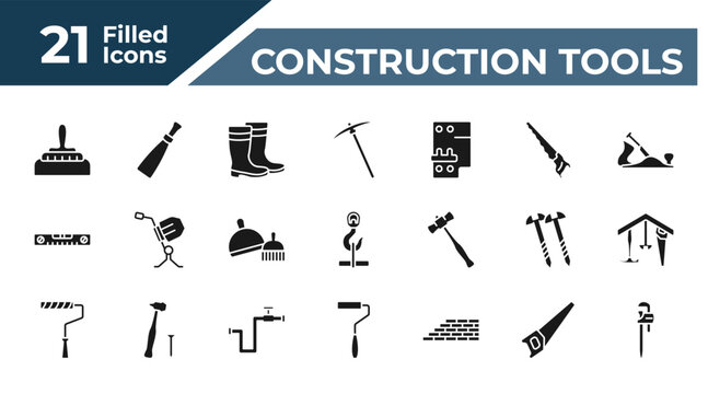 filled construction tools icons set - construction works, putty knife, pick axe, saw. editable vector for web and mobile ui