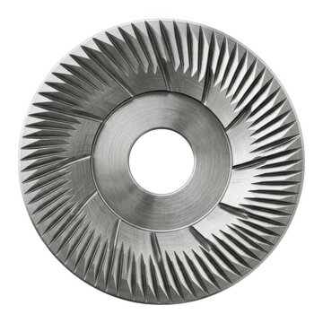 Close-up view of a precision-engineered metal gear with concentric ridges and central hole.