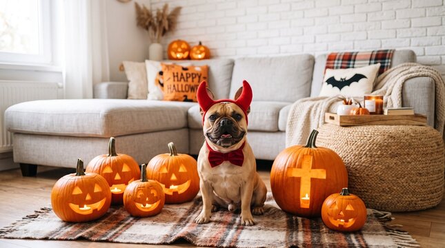 Halloween decorations with dog in red devil costume and glowing jack o lanterns