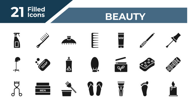 filled beauty icons set - aplicator bottle, hair comb, hairbrush, one foot. editable vector for web and mobile ui