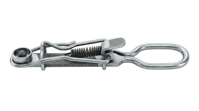 Stainless steel spring-loaded locking pliers with ergonomic grip on neutral background.