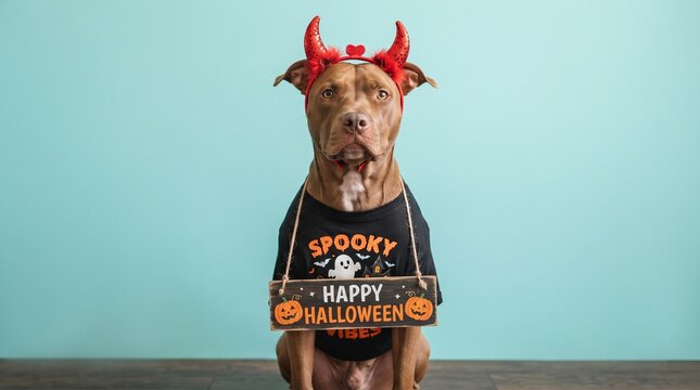 Halloween dog costume spooky pup in devil horns and t shirt