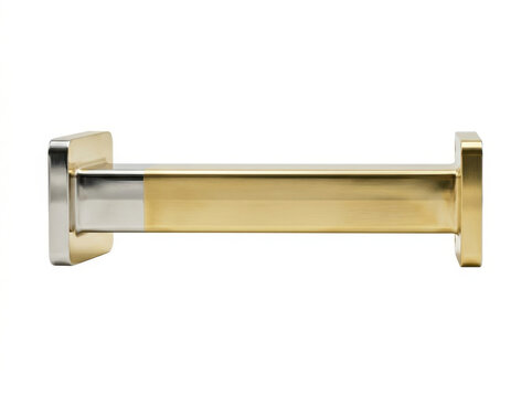 Modern brass and steel door handle with minimalist design on white background.