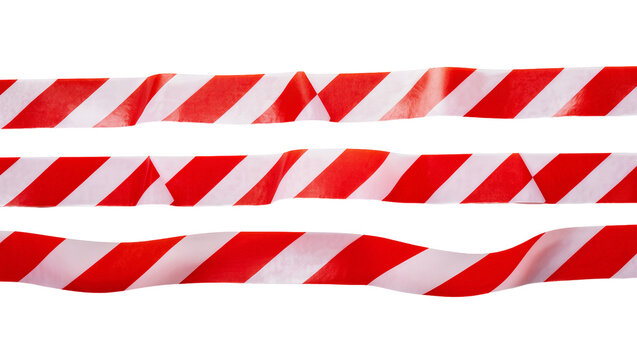 Isolated three wavy red and white striped caution tape pieces for safety and danger warning