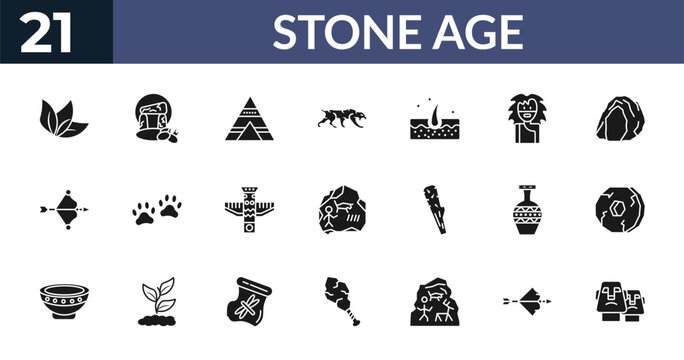 filled stone age icons set - leaf, stonehenge, tipi, bow. editable vector for web and mobile ui