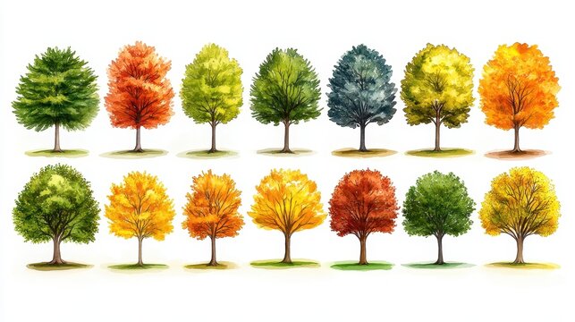 Array of colorful autumn trees with vibrant foliage in a straight line