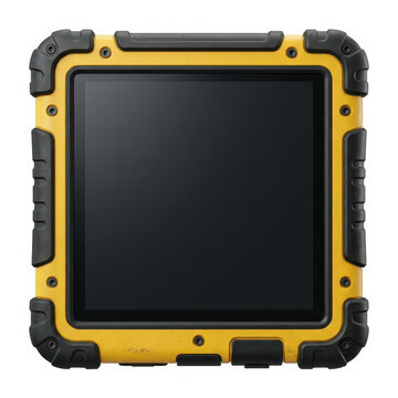 Rugged yellow and black industrial tablet with reinforced edges and screen protector.