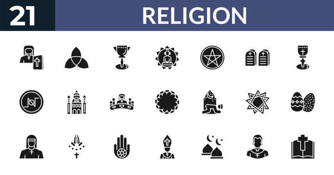 filled religion icons set - orthodox, paganism, goblet, priest. editable vector for web and mobile ui