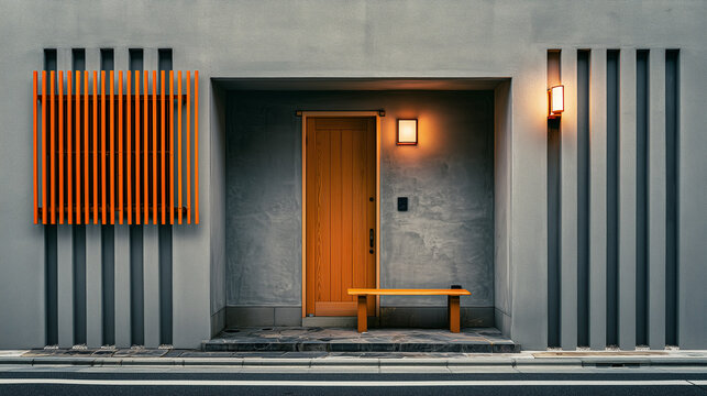 Modern Japanese style house entrance with wooden door, concrete wall, and warm lighting, Generative AI