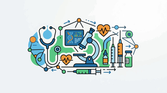 Medical science icons including DNA microscope stethoscope and syringes