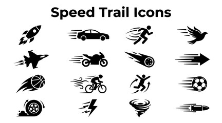 A set of black vector icons depicting various objects and people in motion with horizontal speed trail lines. © MstSomaya