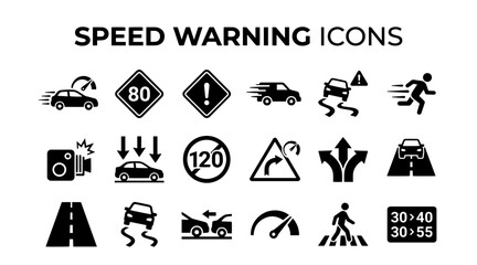 A set of flat black vector icons depicting various speed warning signs, traffic regulations, and road safety symbols. © MstSomaya