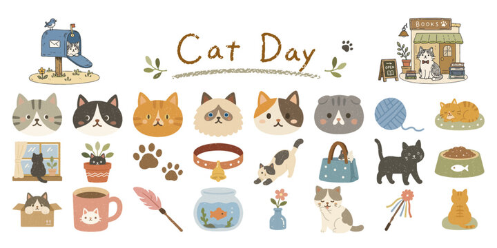 猫の暮らしを楽しむかわいいイラストセット／Cat Life, Pets, Home, Cute Illustration Collection