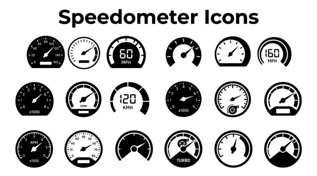 A set of flat black speedometer icons featuring diverse gauge designs for measuring speed and vehicle performance.