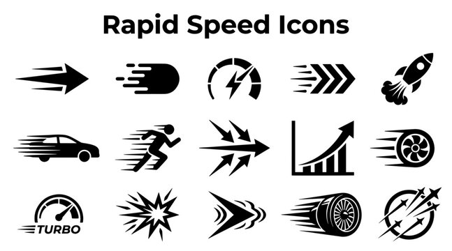 A set of black and white vector icons representing rapid speed, motion, acceleration, and fast movement concepts.
