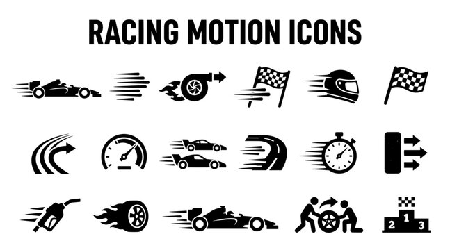 A collection of black vector icons depicting racing cars, speed motion, checkered flags, and motorsport equipment.