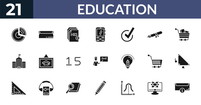 filled education icons set - pie chart, closed envelope, new document, educational platform. editable vector for web and mobile ui