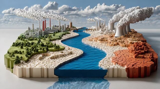 Contrast of Urban Development and Nature: A stark visual representation showing a divided landscape with a river flowing through.