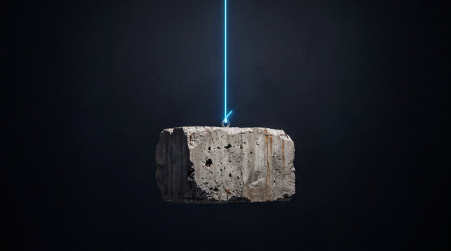 Macro architectural conceptual photo of a heavy concrete block suspended by a thin glowing thread representing mental tension, 16:9