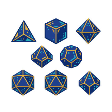 Stylized blue and gold polyhedral dice set for tabletop gaming