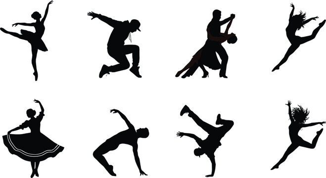 Dance silhouettes vector set, ballet, hip‑hop, ballroom, contemporary, breakdance, folk dance, artistic movement, performance poses, dancer illustration, choreography concept, creative expression, bla
