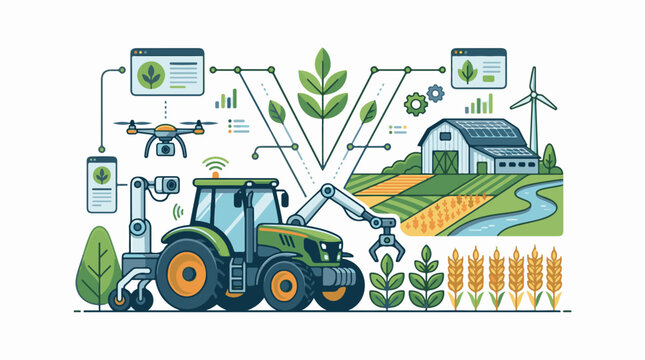 Modern farm technology drone robot arm tractor and barn